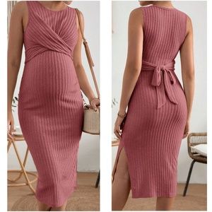 Maternity Twisted Knit Sleeveless Side Slit Midi Dress